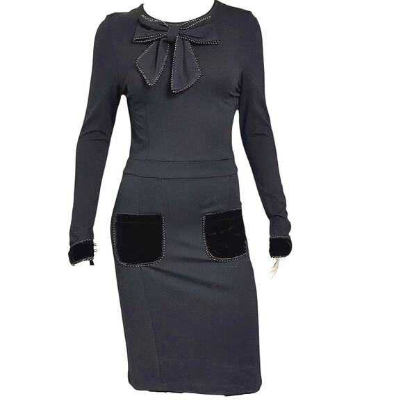 Leo & Ugo Paris Black Midi Dress Bow Detail French Minimalist Size Medium - Picture 2 of 14